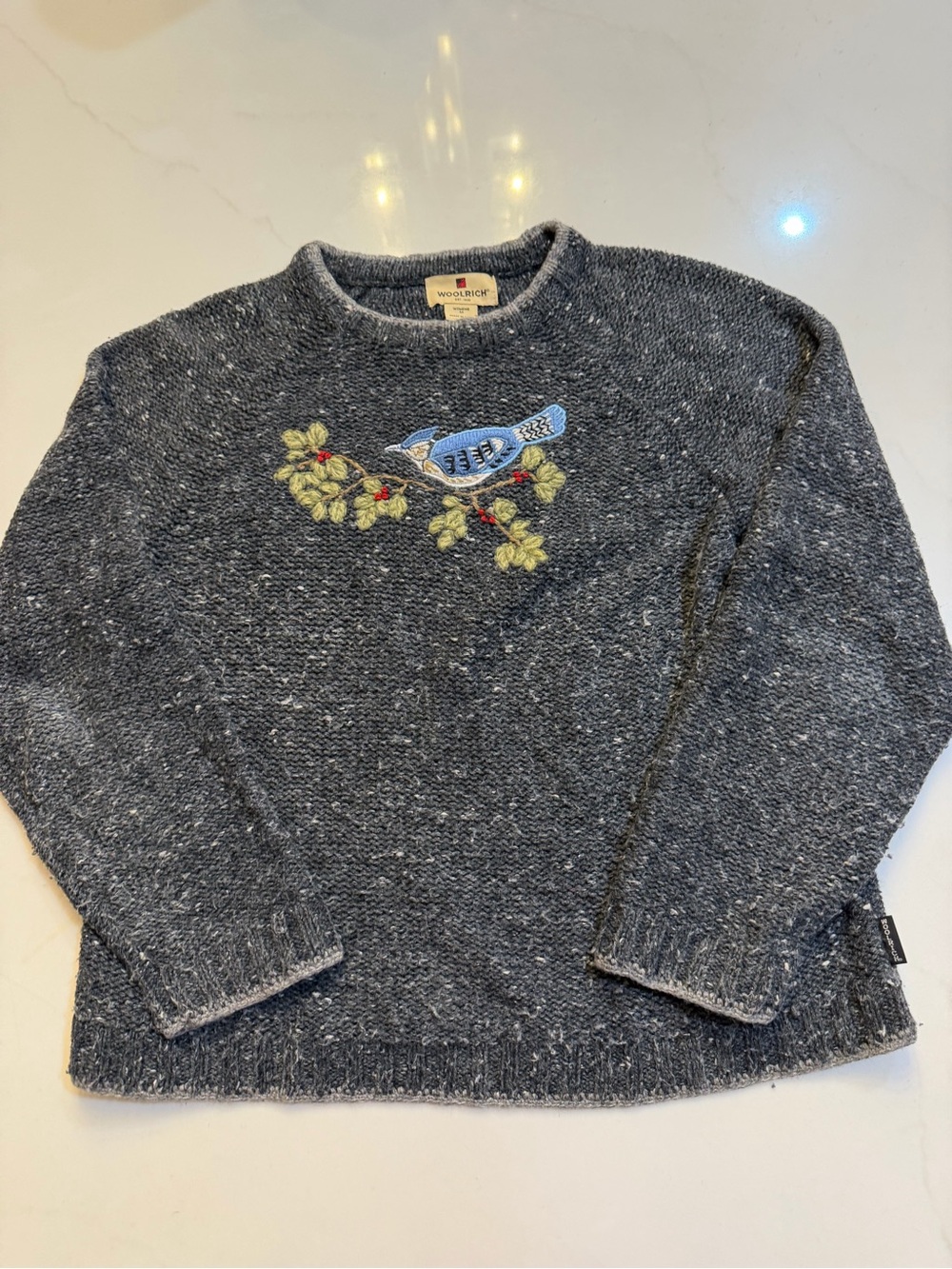 Woolrich Women's Navy Heather Crewneck Sweater with Blue Jay Embroidery